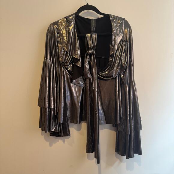 Norma Kamali Ruffled Metallic Wrap Top Gray V-Neck Layered Bell Sleeve Sz XS - Picture 1 of 7